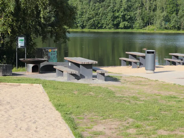 The image shows a park with a lake in the background, surrounded by trees and a clear blue sky. In...