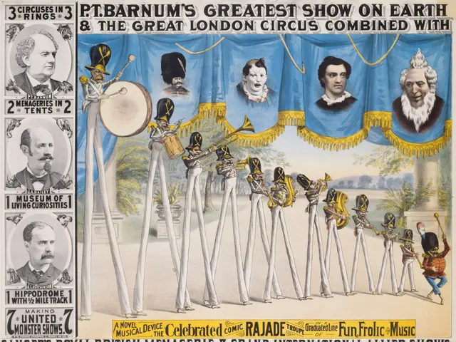 The image shows a poster for the Great London Circus, featuring pictures of people playing musical...