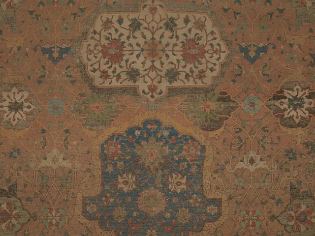The image shows an antique Persian rug with a medallion design on a brown background. The rug is...