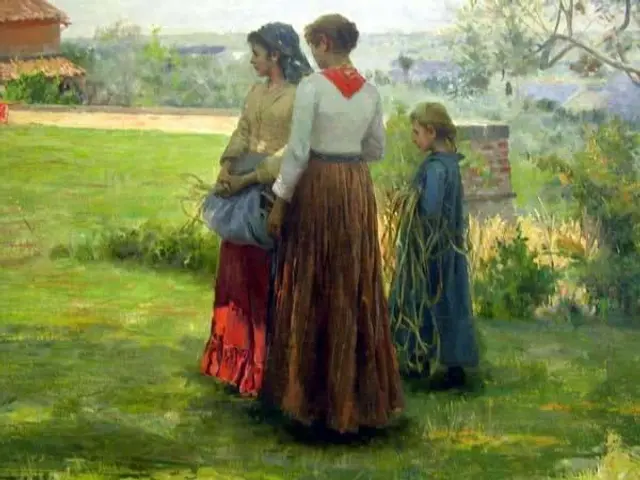 The image shows a painting of three women and a child walking in a field, surrounded by lush green...