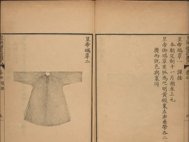 The image shows an open book with Chinese writing on it and a drawing of a dress. The dress is...