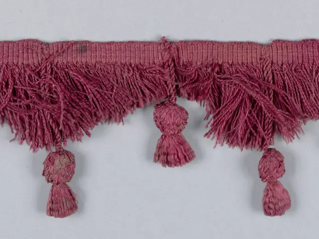 The image shows a pink fringe trim with tassels on a white background. The trim is made of a cloth...