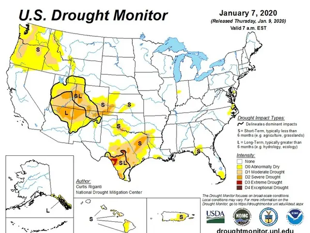 The image shows a poster with a map of the United States, displaying the drought monitor for...