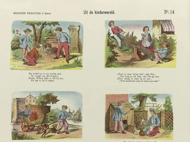 The image shows an open book with illustrations of children playing in the park, surrounded by...
