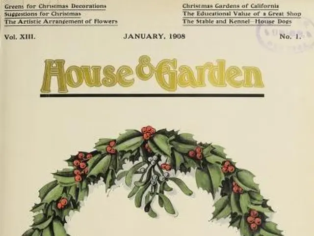 The image shows a paper with a wreath of leaves and fruits on it, with the words "House & Garden...