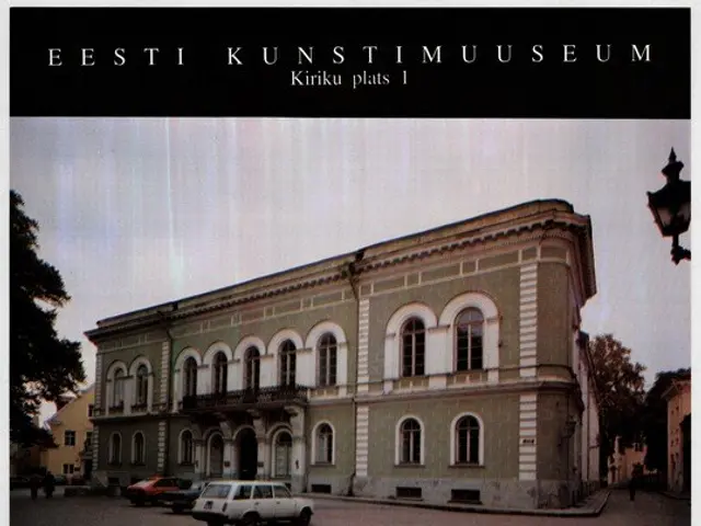 The image shows a poster of the Eesti Kunstimuseum in Estonia, featuring a building with windows,...