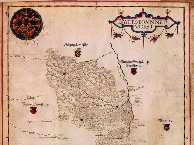 The image shows a poster of a map of Bavaria from the 15th century, with text and logos. The map is...