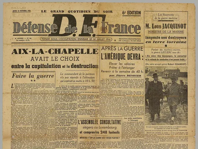 The image shows an old newspaper with a picture of a group of people on the front page. The...