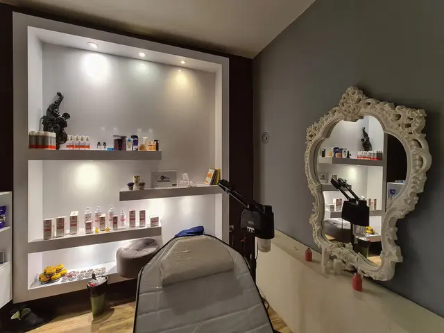 The image shows a room with a bed, a mirror on the wall, shelves with bottles and other objects, a...