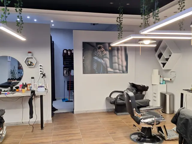 The image shows a salon with chairs and mirrors on the walls, a table with bottles and other...