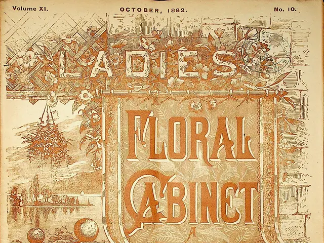 The image shows an old book with a floral cabinet on top of it. The book has text and pictures on...