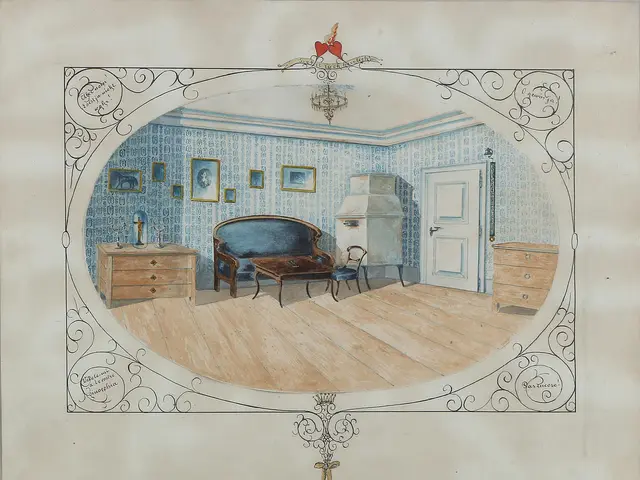 The image shows a drawing of a living room with furniture, including a sofa, chairs, tables,...