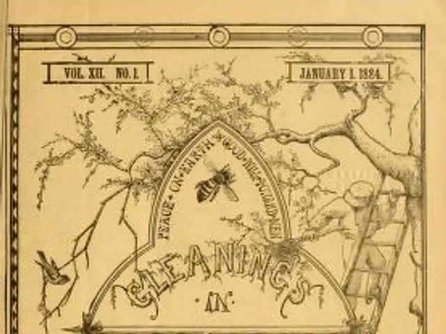 The image shows an old book with a drawing of a bee on it, surrounded by trees, a ladder, and other...