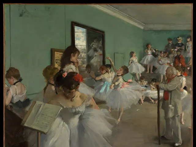 The image shows a painting of a group of children in a dance studio, with a person standing on the...