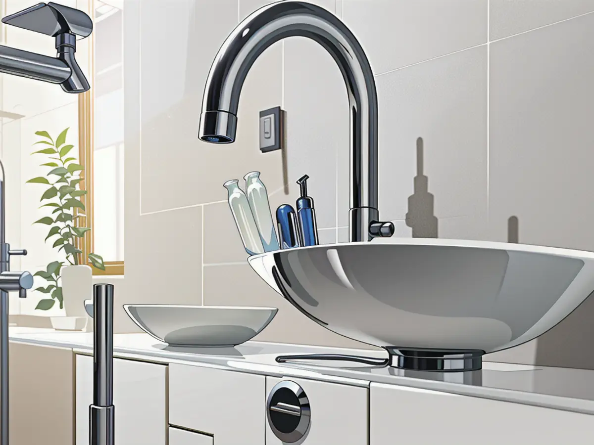 Featured Kitchen Product: Dual-Handle Faucet with Integrated Soap Dispenser, mounted against a pristine white tiled backsplash, showcased in our shopping selection.