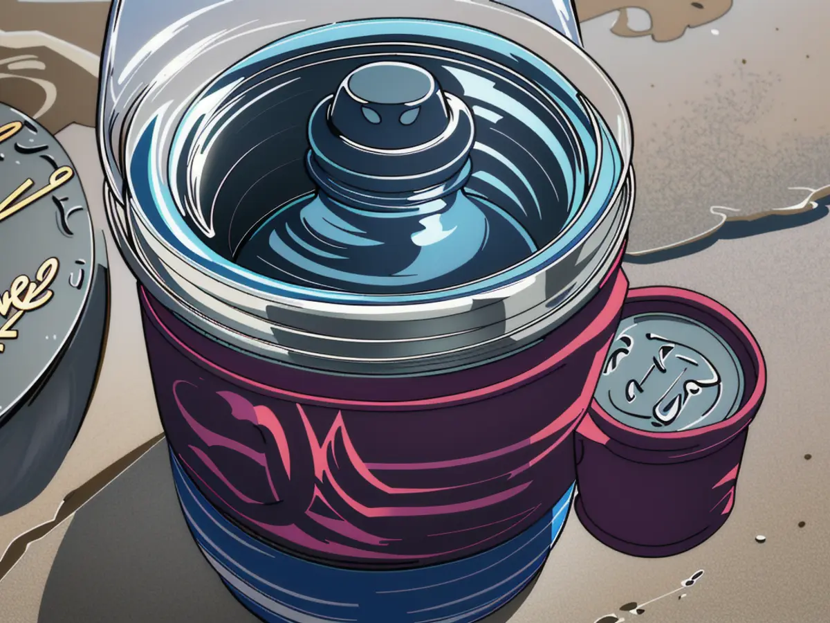 Travel container with a see-through lid and a grip, set upon grainy soil. The cup sports a blue label sporting written content.