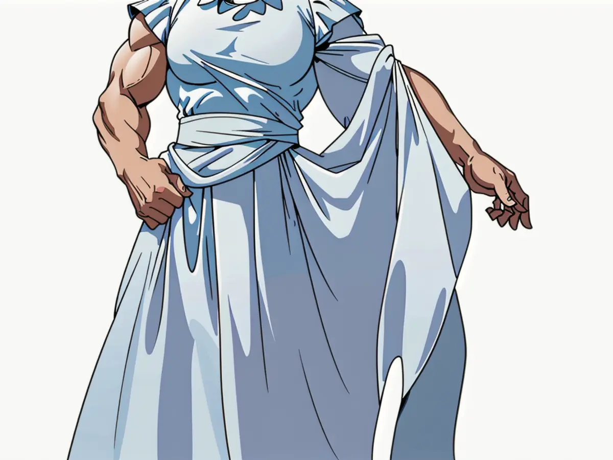 Individual adorning an elongated evening gown featuring brief, very frilled sleeves, maintains a tranquil demeanor with downcast gaze. Individual clad in a long, flowing gown featuring brief, frilled sleeves, exhibiting a tranquil countenance, gazes downward.