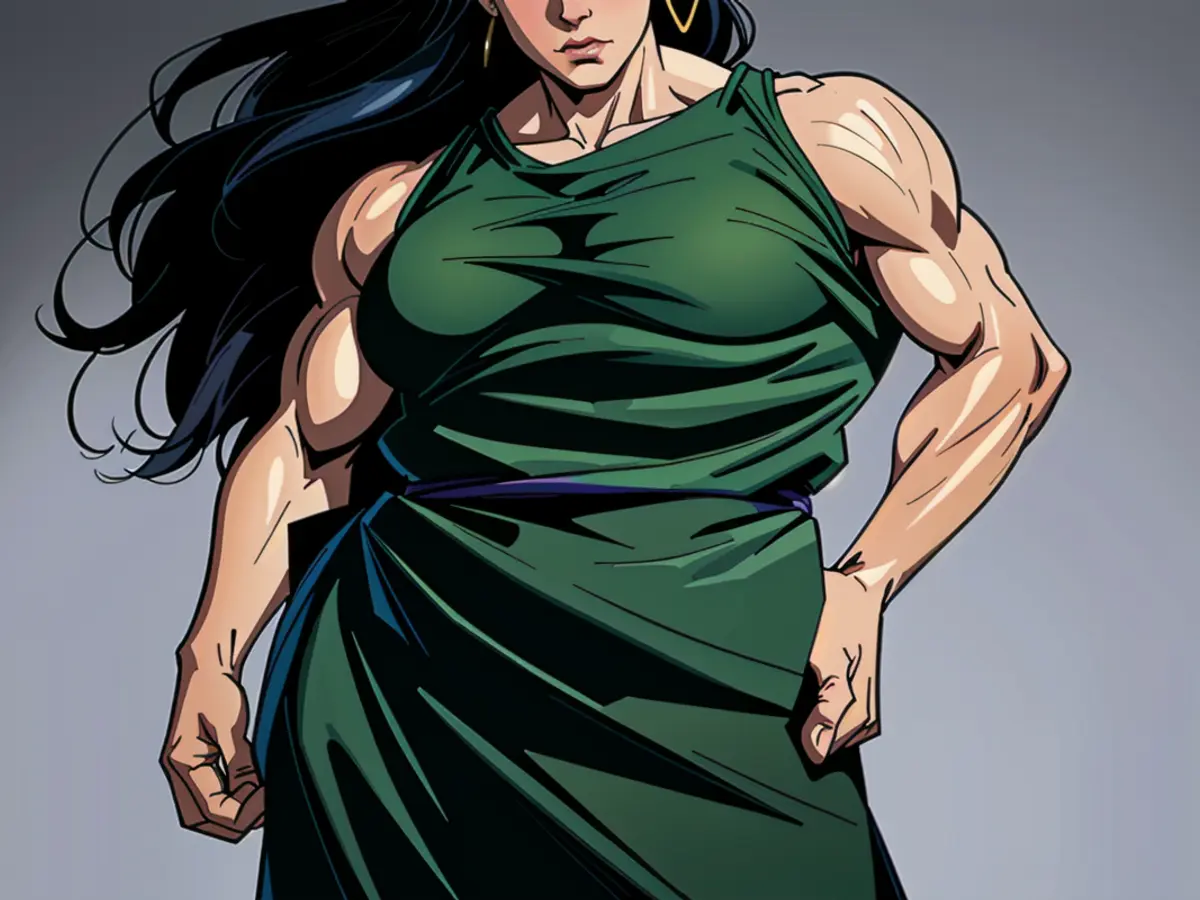 Confident individual, adorned in a sleek satin dress featuring a draped neckline and eye-catching earrings, shown against a muted backdrop. Dignified individual, adorned in a satin gown boasting a draped neckline and eye-catching earrings, exudes self-assurance against a plain backdrop.