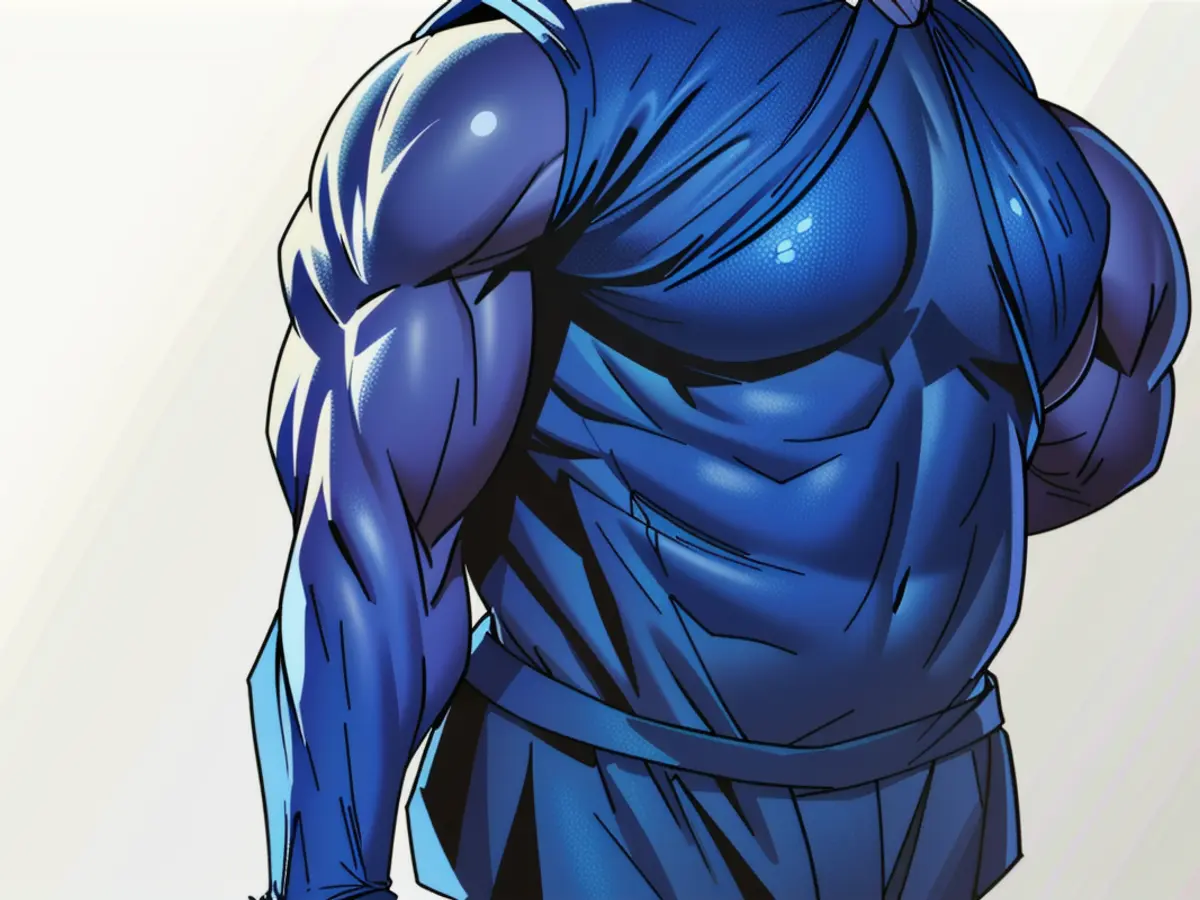 Individual in casual attire, characterized by a blue hoodie with the hood concealing their head and baggy jeans, standing leisurely in a laid-back environment. Direction of their gaze is averted.